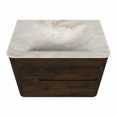 Mondiaz CIRO-DLUX Badkamermeubelset - 70x45x50cm - Solid surface wastafel Frappe - 1 wasbak Midden - zonder kraangaten - 2 lades - Walnut SW1530276