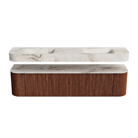 MONDIAZ THOR-DLUX Meuble de salle de bains 190cm arrondi gauche + droite couleur Ruby avec 2 tiroirs et 2 portes. Vasque suspendue CLOUD Double 2 trous de robinet couleur Frappe. SW1466501
