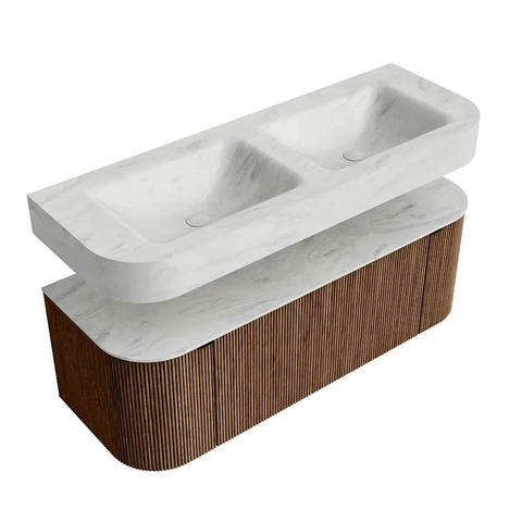 MONDIAZ THOR-DLUX 130cm badmeubel ronding links + rechts kleur Walnut met 1 lade en 2 deuren. Vrijhangende wastafel CLOUD Dubbel 2 kraangaten kleur Opalo. SW1463604