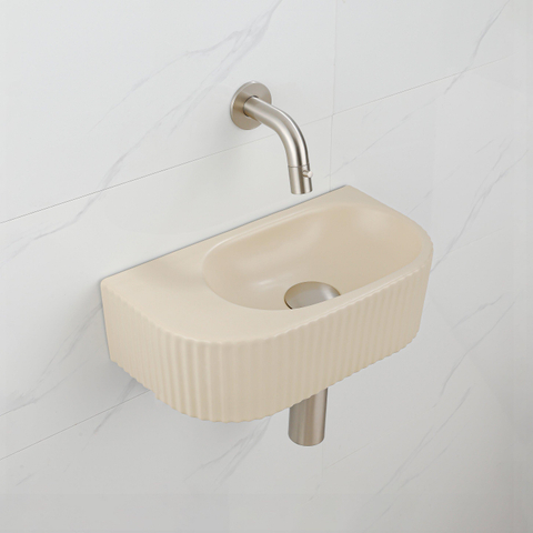 QeramiQ Fuente pack lave-mains – demi-rond – 40 x 21,5 x 12 cm – céramique beige – robinet inox brossé – cannelé SW1233105