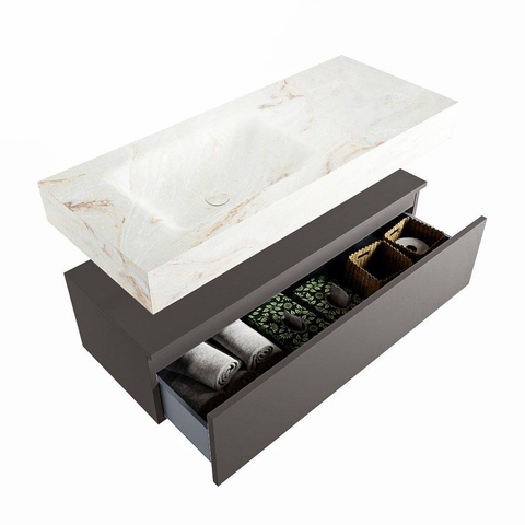 Mondiaz ALAN-DLUX Ensemble de meuble - 110cm - meuble Dark grey mat - 1 tiroir - Lavabo Cloud Frappe suspendu - vasque Gauche - 1 trou de robinet SW805043