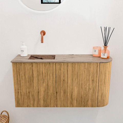 Mondiaz JOYA-DLUX 81.6cm toiletmeubel - ronding rechts kleur Oak - Wastafel FAYE positie Links Zonder kraangat kleur Arena. SW1423872