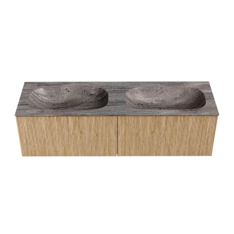 MONDIAZ KURVE-DLUX 150cm meuble de salle de bains couleur Oak avec 2 tiroirs et 0 portes. Lavabo STOR SMALL Double sans trou de robinet Oza. SW1432692