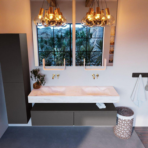 Mondiaz ALAN-DLUX Ensemble de meuble - 150cm - meuble Dark grey mat - 2 tiroirs - Lavabo Cloud Ostra suspendu - vasque gauche et droite - 0 trous de robinet SW807427