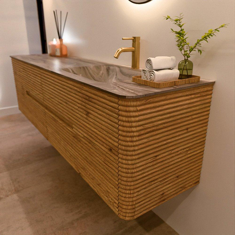 Mondiaz CIRO-DLUX Badkamermeubelset - 180x45x50cm - Solid surface wastafel Sombra - 1 wasbak Rechts - 1 kraangat - 4 lades - Oak SW1531320