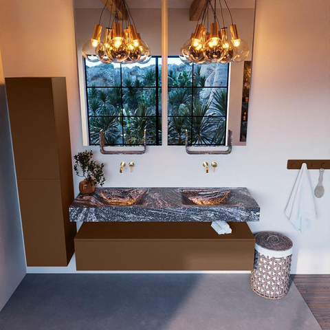 Mondiaz ALAN-DLUX Ensemble de meuble - 150cm - meuble Rust mat - 1 tiroir - Lavabo Cloud Lava suspendu - vasque Gauche et droite - 0 trous de robinet SW808341