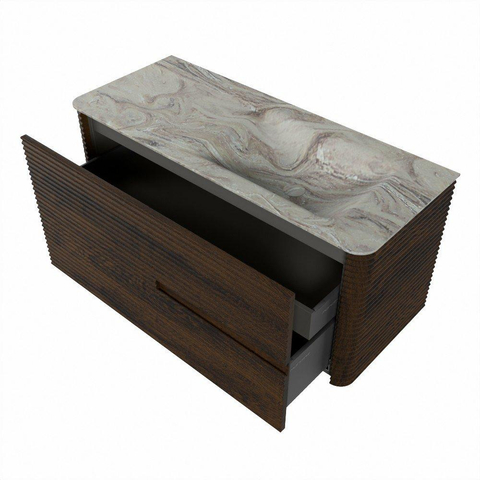 Mondiaz CIRO-DLUX Meuble de salle de bains - 110x45x50cm - Plan vasque solid surface Glace - 1 lavabo à droite - sans trous de robinet - 2 tiroirs - Noyer SW1530252