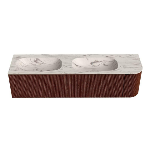 MONDIAZ KURVE-DLUX Meuble de salle de bains 175cm arrondi à droite couleur Ruby avec 2 tiroirs et 1 porte. Lavabo STOR SMALL Double / Gauche sans trou de robinet Nata. SW1432587