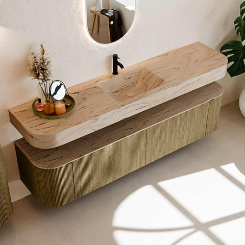 MONDIAZ THOR-DLUX Meuble de salle de bains 190cm arrondi gauche + droite couleur Dusk avec 2 tiroirs et 2 portes. Vasque suspendue CLOUD Milieu 1 trou de robinet couleur Arena. SW1466594