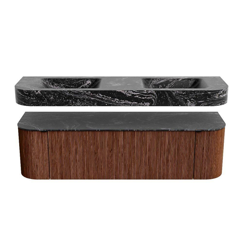 MONDIAZ THOR-DLUX 160cm meuble de salle de bains arrondi gauche + droite couleur Ruby avec 1 tiroir et 2 portes. Vasque suspendue CLOUD Double 2 trous de robinet couleur Lava. SW1465185
