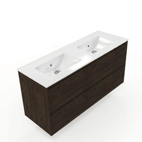 Saniclass Holz Pure Meuble de salle de bain - 120x45x60cm - lavabo en céramique blanc - 2 vasques - 2 trous de robinet - 4 tiroirs - Charcoal SW1441851