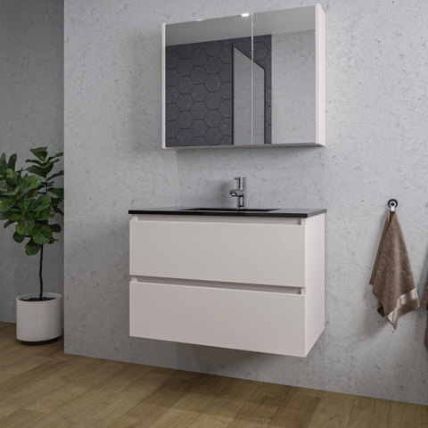 Saniclass Chaci Meuble de salle de bain - 80x46x55cm - lavabo en céramique noir - 1 vasque - 1 trou de robinet - 2 tiroirs - armoire miroir - mat cotton (beige) SW1182397