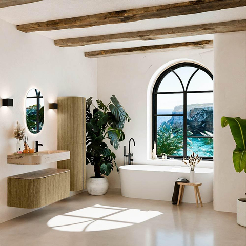 MONDIAZ THOR-DLUX 100cm meuble de salle de bains arrondi gauche + droite couleur Dusk avec 1 tiroir et 2 portes. Vasque suspendue CLOUD Droite 1 trou de robinet couleur Arena. SW1467457