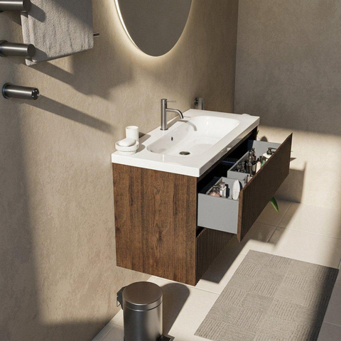 Saniclass Holz Atelier Ensemble de meubles de salle de bains - 100x45x63.5cm - lavabo en céramique Palermo blanc - 1 vasque - 1 trou de robinetterie - 2 tiroirs - chêne charcoal mat (bois) SW1478611
