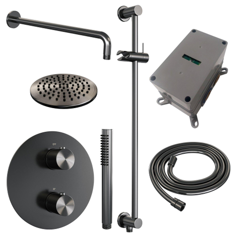 BRAUER Gunmetal Edition douche thermostatique encastrée - 3 voies - rond - ensemble 87 - douche principale de 20 cm - bras de mur courbé - douchette à main - flexible de douche - barre de douche intégrée - gunmetal brossé PVD SW1159163