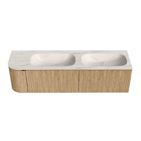 MONDIAZ KURVE-DLUX 165cm meuble de salle de bains arrondi Gauche couleur Chêne avec 2 tiroirs et 1 porte. Lavabo STOR SMALL Double / Droite 2 trous de robinet Meli. SW1431656