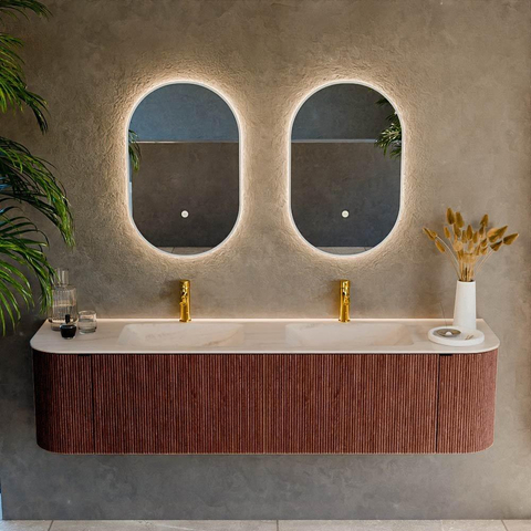 MONDIAZ KURVE-DLUX Meuble de salle de bains 180cm arrondi à gauche + à droite couleur Ruby avec 2 tiroirs et 2 portes. Lavabo LEAF Double 2 trous de robinet Meli. SW1432010
