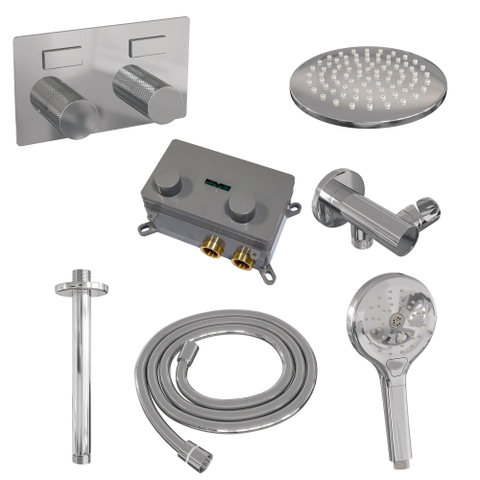 BRAUER Chrome Carving Douche de tête thermostatique encastrée - boutons-poussoirs - SET 59 - douche de tête 20 cm - bras de plafond - douchette 3 jets - flexible de douche - coude de raccordement mural - chromé SW925511