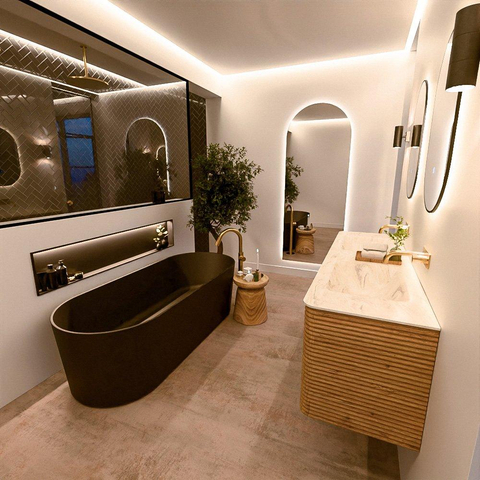Mondiaz CIRO-DLUX Meuble de salle de bains ensemble - 160x45x50cm - Plan de toilette solid surface Ostra - 2 vasques Double - sans trous de robinetterie - 4 tiroirs - Chêne SW1530918