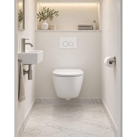 QeramiQ Dely Swirl Compact Toiletset - inbouwreservoir QeramiQ flush - slim zitting - marmeren bedieningsplaat wit - ronde knoppen - glans wit SW1590527