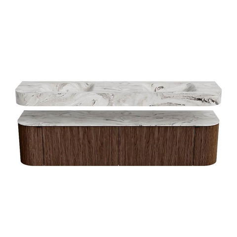 MONDIAZ THOR-DLUX 190cm badmeubel ronding links + rechts kleur Walnut met 2 lades en 2 deuren. Vrijhangende wastafel CLOUD Dubbel zonder kraangat kleur Glace. SW1466410