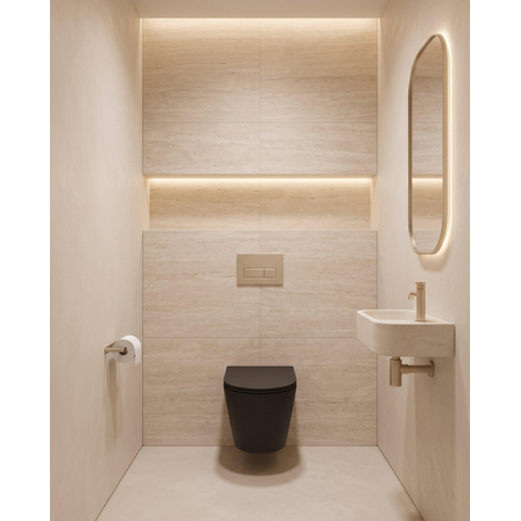 QeramiQ Dely Pack WC suspendu - 36.3x51.7cm - sans bride - bâti-support Geberit UP320 - abattant softclose - plaque de commande taupe - boutons rectangulaires - noir mat SW1164224