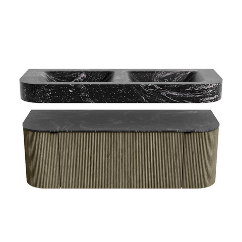 MONDIAZ THOR-DLUX 130cm meuble de salle de bains arrondi gauche + droite couleur Shadow avec 1 tiroir et 2 portes. Vasque suspendue CLOUD Double 2 trous de robinet couleur Lava. SW1463761