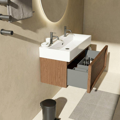 Saniclass Holz Frame Badkamermeubelset - 100x45x52cm - Legend keramische wastafel mat wit - 1 wasbak - 2 kraangaten - 1 lade - mat walnut pure (hout) SW1579673