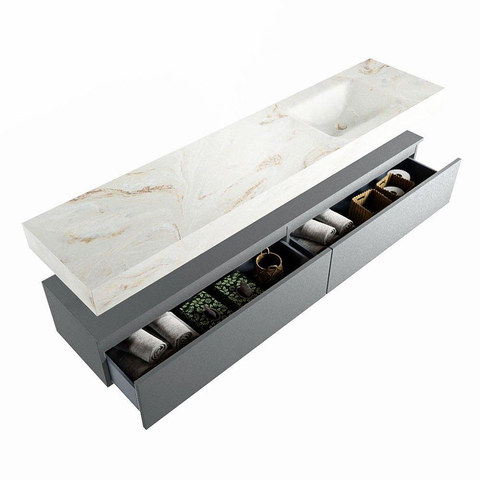 Mondiaz ALAN-DLUX Ensemble de meuble - 200cm - meuble Plata mat - 2 tiroirs - Lavabo Cloud Frappe suspendu - vasque Droite - 1 trou de robinet SW805329