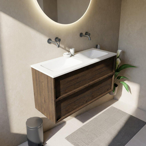 Saniclass Holz Frame Badkamermeubelset - 120x45x77.5cm - Torino solid surface wastafel wit - zonder kraangat - 2 lades - mat eiken charcoal (hout) SW1579922