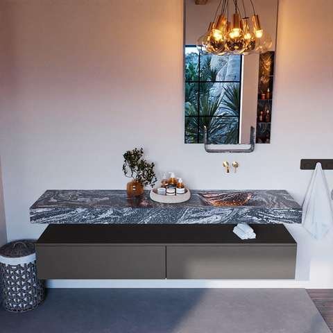 Mondiaz ALAN-DLUX Ensemble de meuble - 200cm - meuble Dark grey mat - 2 tiroirs - Lavabo Cloud Lava suspendu - vasque Droite - 0 trous de robinet SW808125