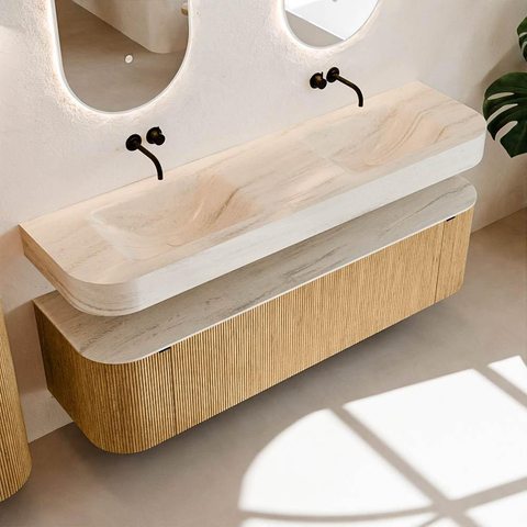 MONDIAZ THOR-DLUX Meuble de salle de bains 170cm arrondi gauche + droite couleur Oak avec 1 tiroir et 2 portes. Vasque suspendue CLOUD Double sans trou de robinet couleur Meli. SW1465824