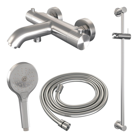 BRAUER Stripe Mitigeur thermostatique de douche - SET 02 - apparent - barre coulissante - douchette 3 positions - flexible de douche - finition PVD brossée couleur inox SW1435039