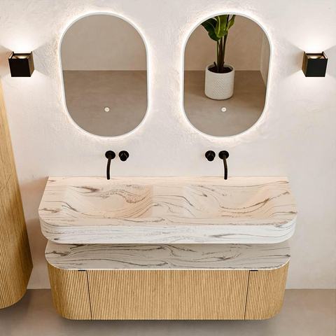MONDIAZ THOR-DLUX 140cm badmeubel ronding links + rechts kleur Oak met 1 lade en 2 deuren. Vrijhangende wastafel CLOUD Dubbel zonder kraangat kleur Nata. SW1464448