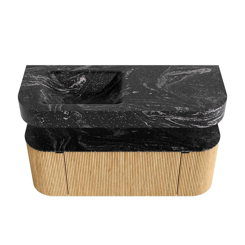 MONDIAZ THOR-DLUX 120cm meuble de salle de bains arrondi gauche + droite couleur Chêne avec 1 tiroir et 2 portes. Vasque suspendue CLOUD Gauche 1 trou de robinet couleur Lava. SW1463083