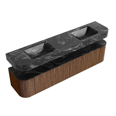 MONDIAZ THOR-DLUX 200cm badmeubel ronding links + rechts kleur Walnut met 2 lades en 2 deuren. Vrijhangende wastafel CLOUD Dubbel zonder kraangat kleur Lava. SW1466984