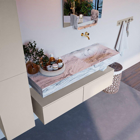 MONDIAZ ALAN - DLUX Ensemble de meubles de salle de bains - 130cm - meuble bas - Linen - 2 tiroirs - lavabo suspendu - vasque à droite - 0 trous de robinetterie - Glace SW806042