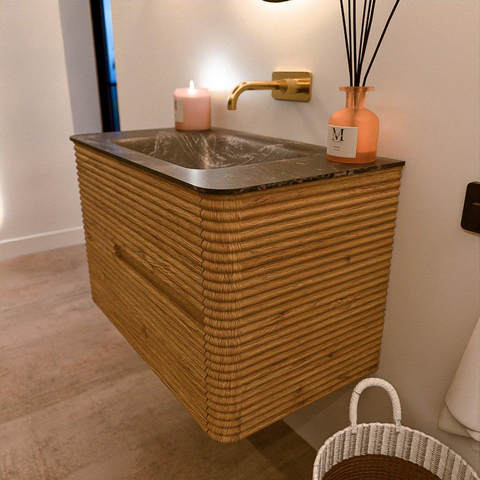 Mondiaz CIRO-DLUX Ensemble de meubles de salle de bains - 80x45x50cm - vasque en solid surface Lava - 1 lavabo au milieu - sans trous de robinet - 2 tiroirs - Chêne SW1531065