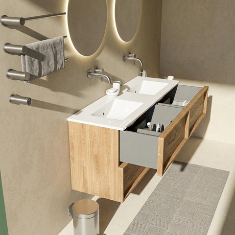 Saniclass Holz Frame Badkamermeubelset - 140x45x62cm - Vygo keramische wastafel wit - 2 wasbakken - zonder kraangaten - 4 lades - glans eiken natural (hout) SW1579936