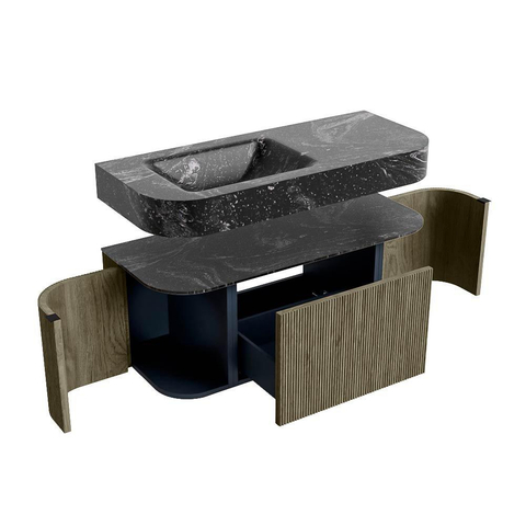 MONDIAZ THOR-DLUX 110cm meuble de salle de bains arrondi gauche + droite couleur Shadow avec 1 tiroir et 2 portes. Vasque suspendue CLOUD Gauche sans trou de robinet couleur Lava. SW1462905