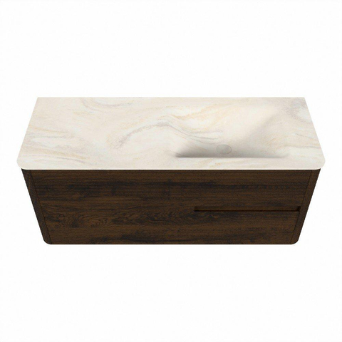 Mondiaz CIRO-DLUX Meuble de salle de bains - 120x45x50cm - Plan-vasque solid surface Ostra - 1 lavabo à droite - 1 trou de robinetterie - 2 tiroirs - Noyer SW1530381