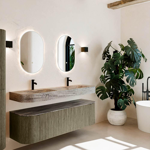 MONDIAZ THOR-DLUX 160cm meuble de salle de bains arrondi gauche + droite couleur Shadow avec 1 tiroir et 2 portes. Vasque suspendue CLOUD Double 2 trous de robinet couleur Oza. SW1465311