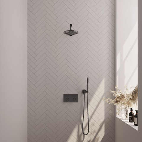 BRAUER gunmetal Carving Douche de pluie thermostatique encastrée - boutons-poussoirs - SET 49 - pomme de douche 20cm - bras mural droit - douchette stick - flexible de douche - coude de raccordement mural - gunmetal brossé PVD SW925680