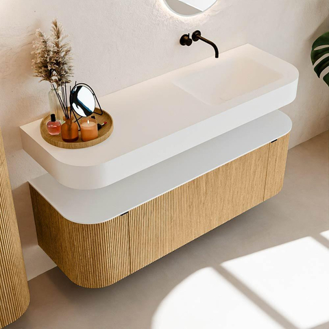 MONDIAZ THOR 140cm meuble de salle de bains arrondi gauche + droite couleur Oak avec 1 tiroir et 2 portes. Vasque suspendue CLOUD droite sans trou de robinet couleur Talc. SW1463915