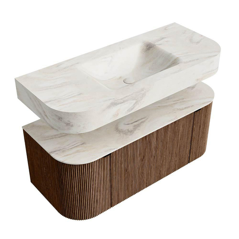 MONDIAZ THOR-DLUX 110cm badmeubel ronding links + rechts kleur Walnut met 1 lade en 2 deuren. Vrijhangende wastafel CLOUD Midden zonder kraangat kleur Ostra. SW1462765