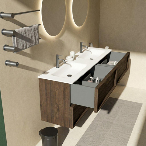 Saniclass Holz Frame Badkamermeubelset - 160x45x61.5cm - Flow solid surface wastafel wit - 2 wasbakken - 2 kraangaten - 4 lades - mat eiken charcoal (hout) SW1579793