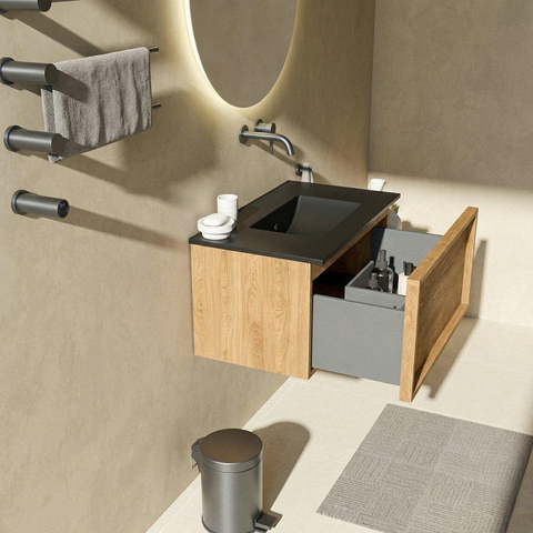 Saniclass Holz Frame Badkamermeubelset - 80x45x42cm - Vygo keramische wastafel zwart - 1 wasbak - zonder kraangat - 1 lade - mat eiken natural (hout) SW1478948
