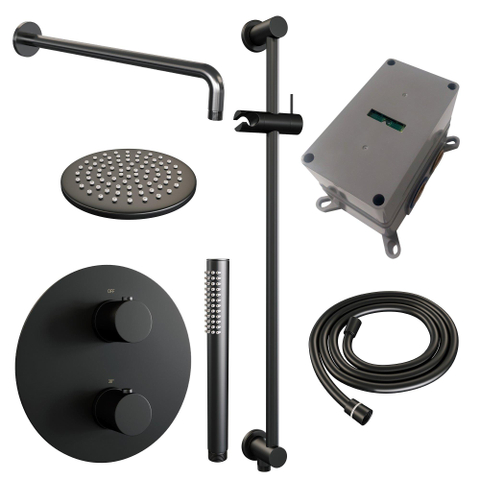 BRAUER Black Edition ensemble de douche pluie encastré – douche de tête Ø 20 cm – bras mural courbé 39.9 cm – douchette bâton – 3 voies SW1159212