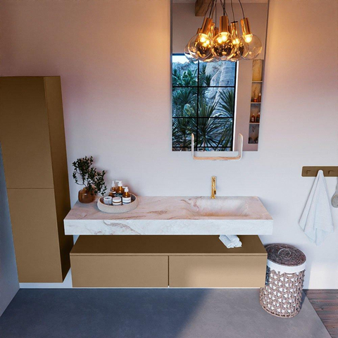 Mondiaz ALAN-DLUX Ensemble de meuble - 150cm - meuble Oro mat - 2 tiroirs - Lavabo Cloud Frappe suspendu - vasque Droite - 1 trou de robinet SW805083
