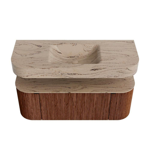 MONDIAZ THOR-DLUX 120cm meuble de salle de bains arrondi gauche + droite couleur Ruby avec 1 tiroir et 2 portes. Vasque suspendue CLOUD Milieu sans trou de robinet couleur Arena. SW1463392